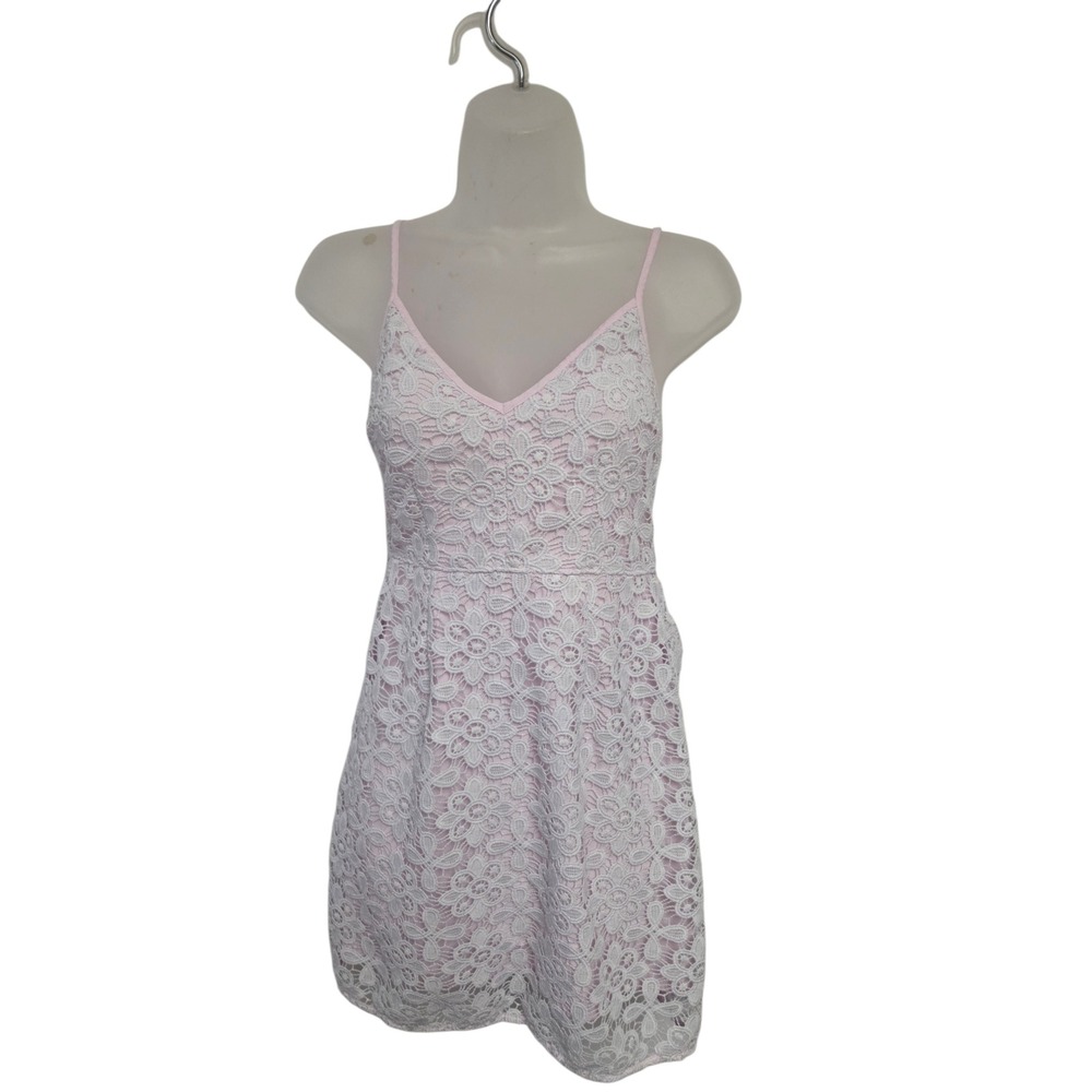 Abercrombie & Fitch XS‎ Pink White Lace Fit Flare Dress Floral Strappy Skater